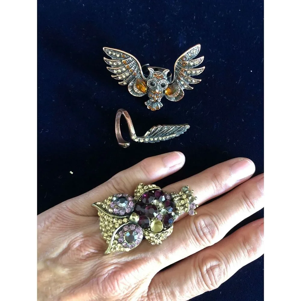 Owl & feather rings bundle gold tone